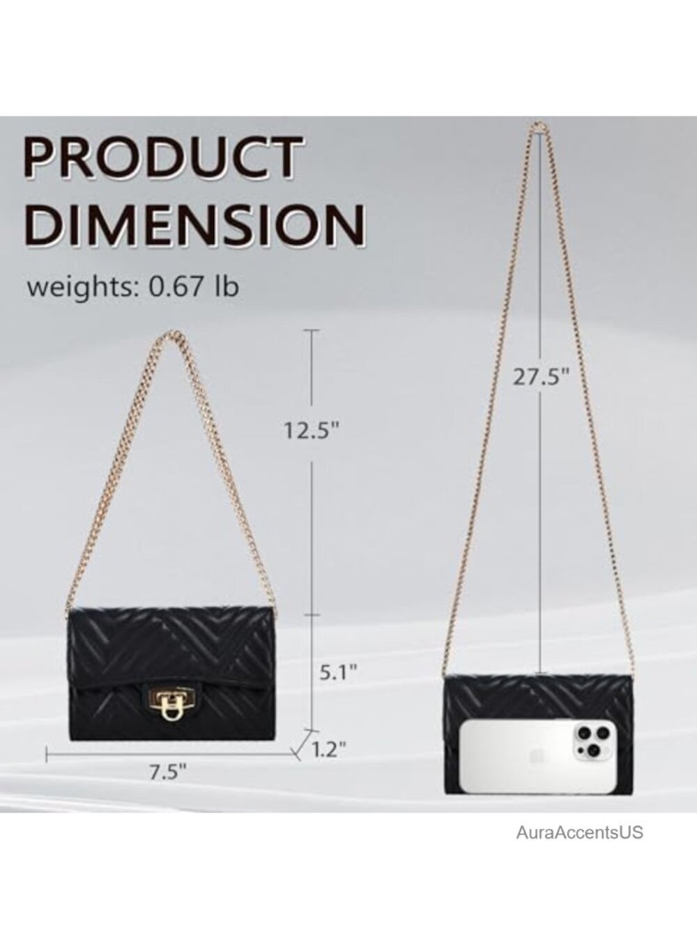 Quilted Faux Leather Small Crossbody Bag with Chain Strap, 3-in-1 Style, - Picture 6 of 6